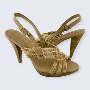 Banana Republic Reese Woven Macramé Strappy 4.25" Stacked Cone Heel Sandal 8